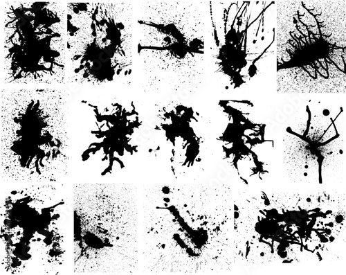 Collection of high-contrast black brush, ink splatters textures with various abstract stains, drips, and blot effects. Abstract grunge design element is for versatile design use, dirty texture.
