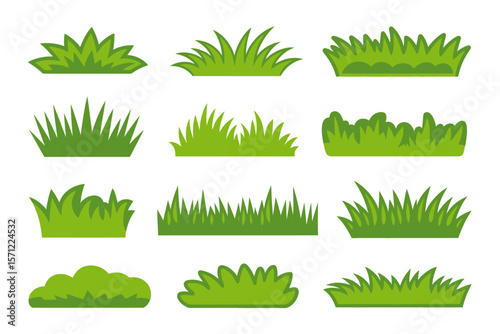 Grass icon set, various green grass shapes, landscape elements, nature illustration, modern vector, garden design