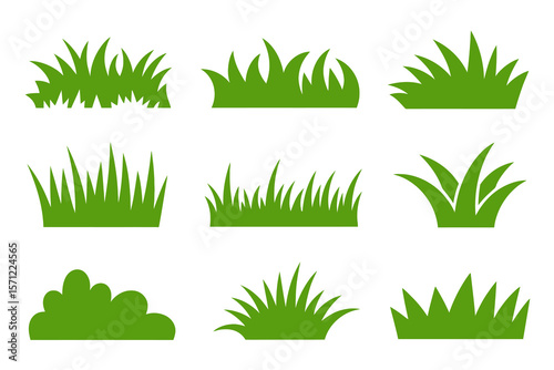 Green grass icon collection, different grass shapes, landscape elements, nature illustration, modern vector, garden design