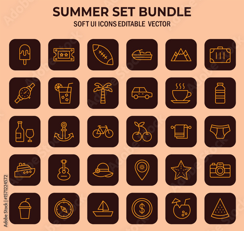 Collection of summer themed soft UI icons, editable vector graphics highlighting summer activities and vacation