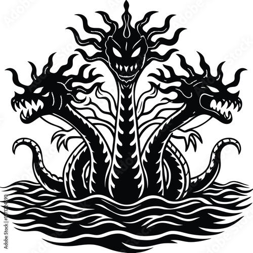 Fierce multi headed dragon emerging from stylized waves silhouette