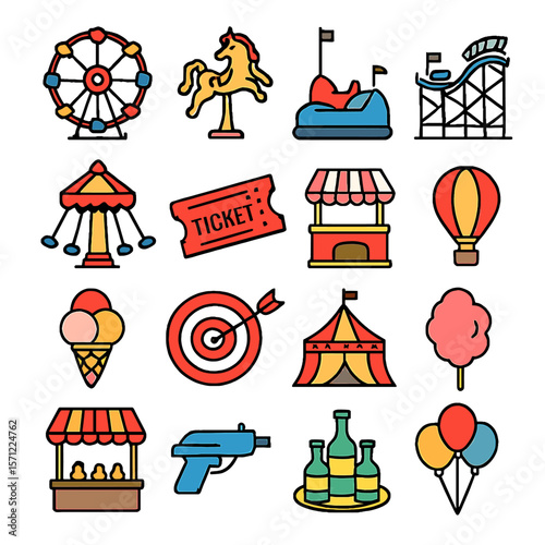 Colorful Cartoon Icons of Amusement Park Rides and Food Stalls