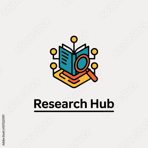 Colorful Research Hub Logo Featuring Open Book and Magnifying Glass.