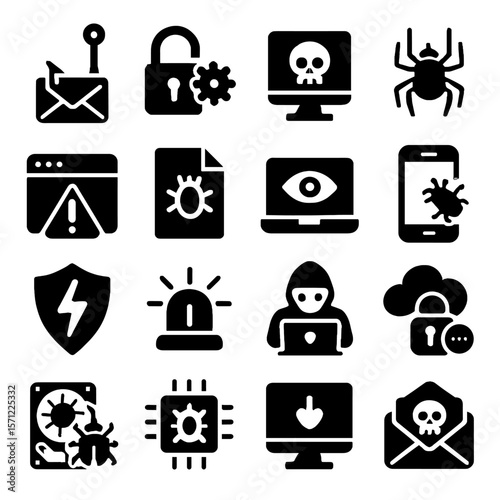 Cyber Security Threat Icons: Phishing, Malware, Hacking, and Data Breach