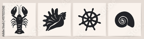 Sea life elements. Contemporary abstract minimal art prints, marine creatures seashell, lobster, snail shell, sea ​​wheel silhouettes hand drawn ink style for poster design. Vector abstract set