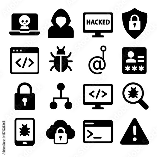 Cybersecurity Icon Set: Hacker, Virus, and Data Protection Symbols