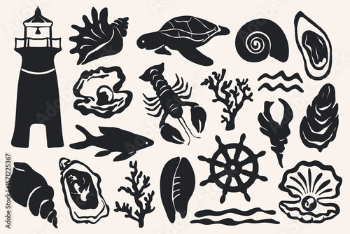 Sea ocean life. Abstract underwater creatures silhouettes, doodle shells, shark, lobster, lighthouse, coral hand drawn doodle icons, summer contemporary art. Vector set