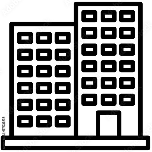 Minimalist vector graphic of two office buildings in black line