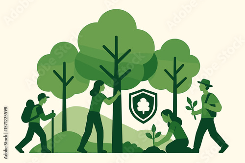 Eco-conscious individuals planting trees, hiking, and protecting nature's green environment.