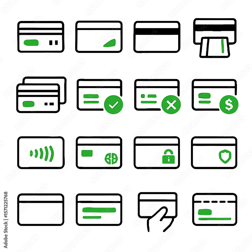 Illustrated Credit Card Icons Representing Various Financial Transactions and Security Features Illustrated Credit Card Icons Representing Various Financial Transactions and Security Features
