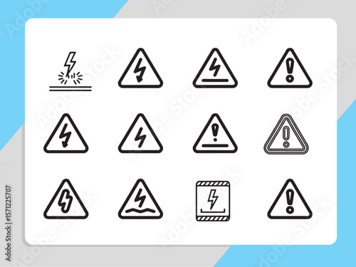 Warning signs and safety icons set in triangle design for hazard and caution