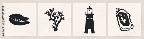 Sea life elements. Contemporary abstract minimal art prints, marine creatures seashell, oyster, lighthouse, coral algae silhouettes hand drawn ink style for poster design. Vector abstract set