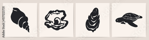 Sea life elements. Contemporary abstract minimal art prints, marine creatures seashell, mussel, turtle and sea pearl silhouettes hand drawn ink style for poster design. Vector abstract set