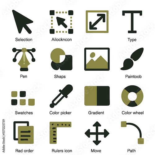 Graphic design tools icons: selection arrow, type tool, pen, shapes and color wheel