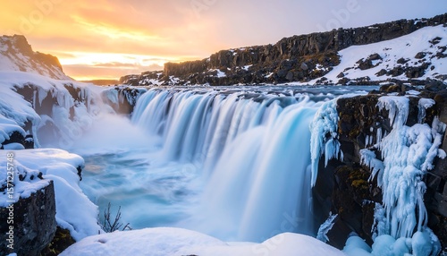 Waterfall Flowing in Winter Landscape with Ice Formations at Sunrise