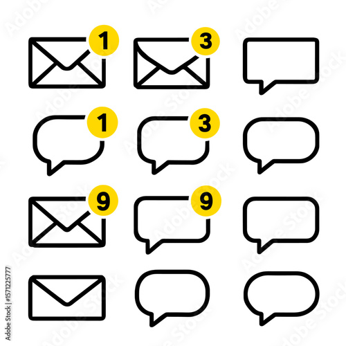 Illustrated Email and Chat Icons with Notification Badges for Digital Communication.