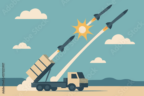 Military Truck Launching Multiple Missiles Against a Calm Sky