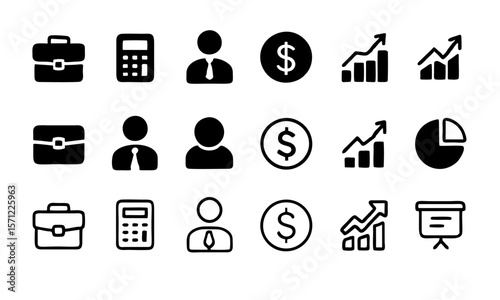 Stock Market Icon Set – Includes Graph, Dollar Sign, and Calculator Symbols for Finance, Trading, Investment, Banking, and Economic Data Visualization

