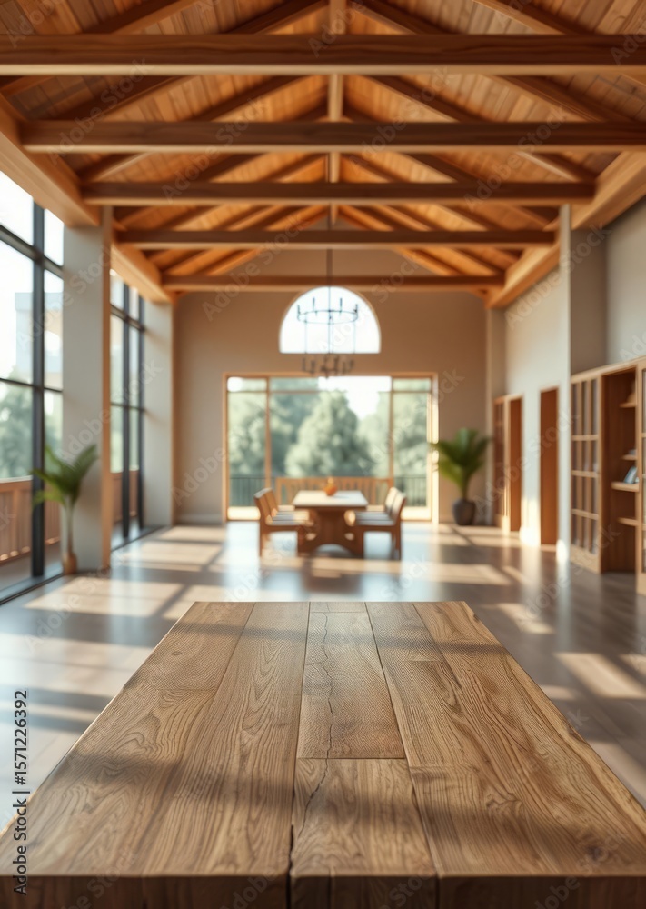 Fototapeta premium Empty wood table top with interior outdoor background Empty room interior design architecture blank design room