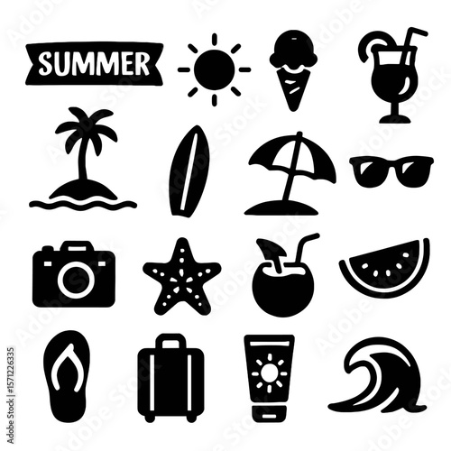 Simple Summer Icons Set for Vacation Planning