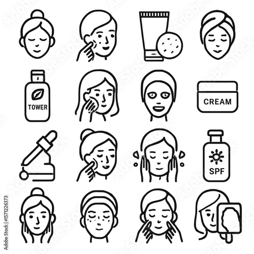 Skincare Routine Icons: Facial Cleansing, Moisturizing, and Sun Protection