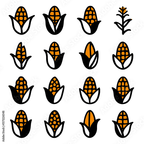 Stylized Corn Icons in Various Forms, Representing Harvest and Agriculture.