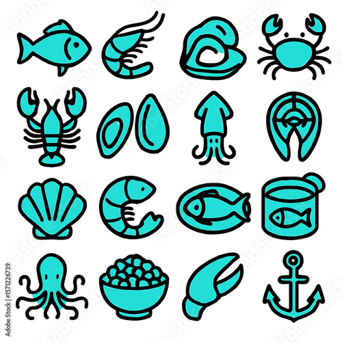 Stylized Seafood Icons in Teal and Black Outlines, Various Marine Life.
