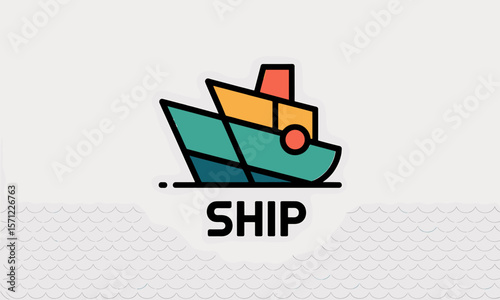 Stylized Ship Icon with Bold Outlines and Teal, Yellow, and Red Color Palette