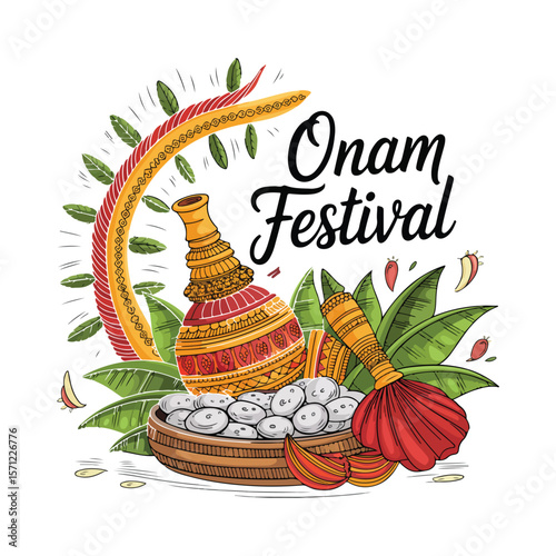 Vibrant Onam Festival Illustration Celebrating Kerala Culture with Traditional Elements and Festive Typography Depicting Rich Cultural Heritage