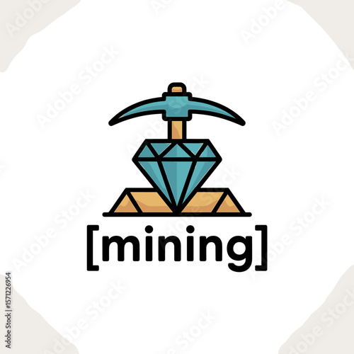 Teal Diamond Mining Icon with Pickaxe and Gold Base, Black Outline