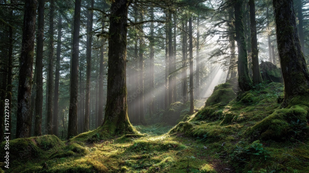Obraz premium Sunlight streams through a misty forest