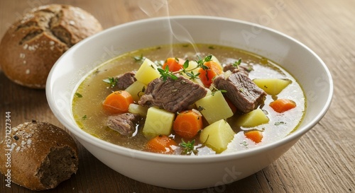 Hearty beef and vegetable soup in a white bowl, alongside crusty bread rolls. Steam rising from the hot soup