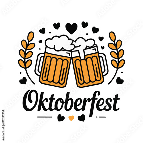 Festive Oktoberfest Celebration with Beer Mugs, Hearts, and Autumnal Foliage, a Whimsical Design for Seasonal Cheer