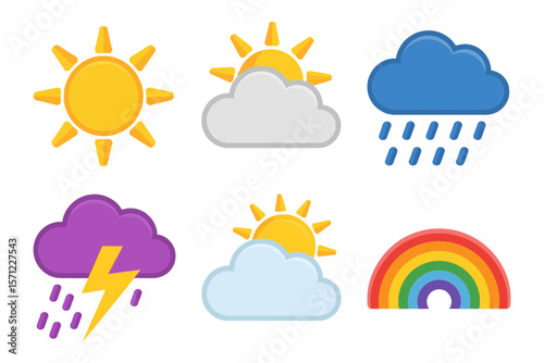 Weather forecast icon collection, sun, cloud, rain, lightning, rainbow, modern vector, climate symbols, meteorology design