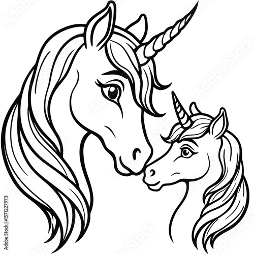 Two unicorns mother and child nuzzling together silhouette