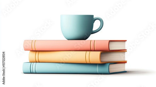 Colorful Stack of Books with a Blue Coffee Cup on Top