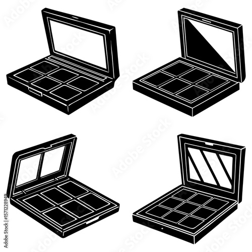 Four black and white illustrations of open makeup palettes with mirrors and multiple compartments each