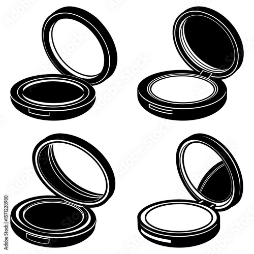 Four black and white illustrations of open compact mirrors in different orientations and perspectives