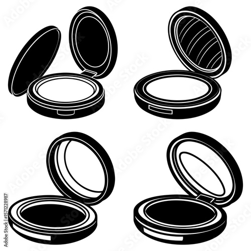 Four black and white compact mirrors with lids open in various orientations and perspectives shown