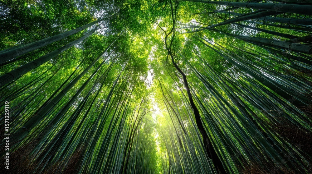 Lush bamboo forest, upward view Lush bamboo forest, upward view