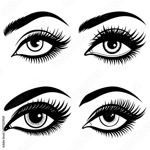 Four pairs of stylized eyes with thick eyelashes and eyebrows in black and white illustration style