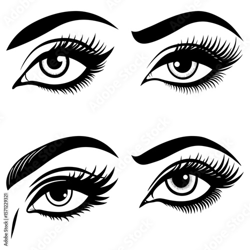Four stylized eyes with thick eyelashes and eyebrows in black and white illustration style art design