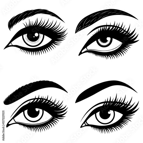 Illustration showcasing four distinct eye styles with varying lash and brow designs in black and white art