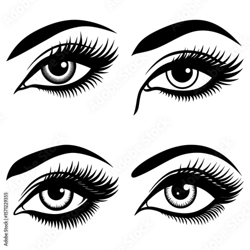 Four stylized eyes with detailed eyelashes and eyebrows in black and white illustration style design art