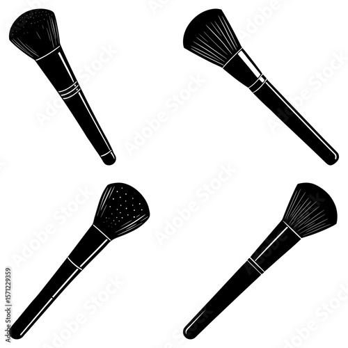 Four makeup brushes with different bristle styles arranged on a white background in a square pattern