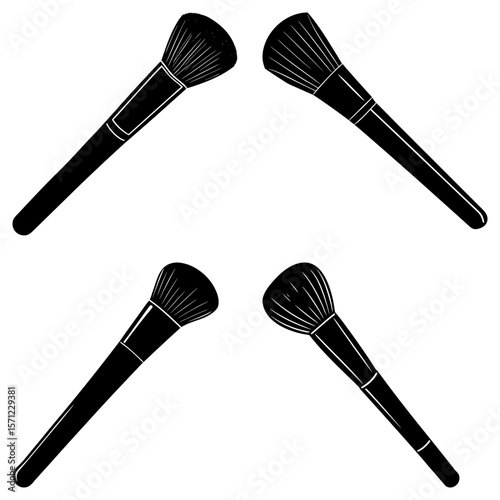 Four makeup brushes arranged symmetrically on a white background in a simple black and white design