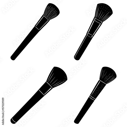 Illustration of four black makeup brushes with handles and soft bristles on a white background art design