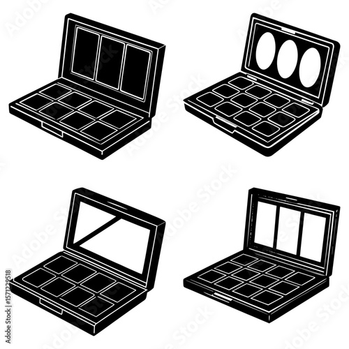 Four makeup palettes each showing a different style and arrangement of cosmetic colors and mirrors