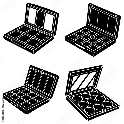 Four black and white makeup palettes with different compartments and an open mirror case design