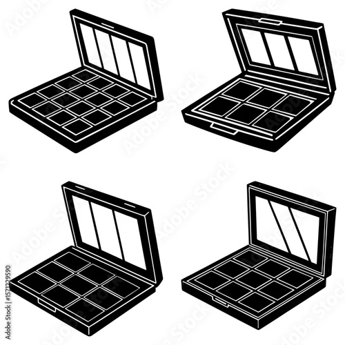 Four cosmetic palettes with varying compartments displayed in a monochrome illustration style image